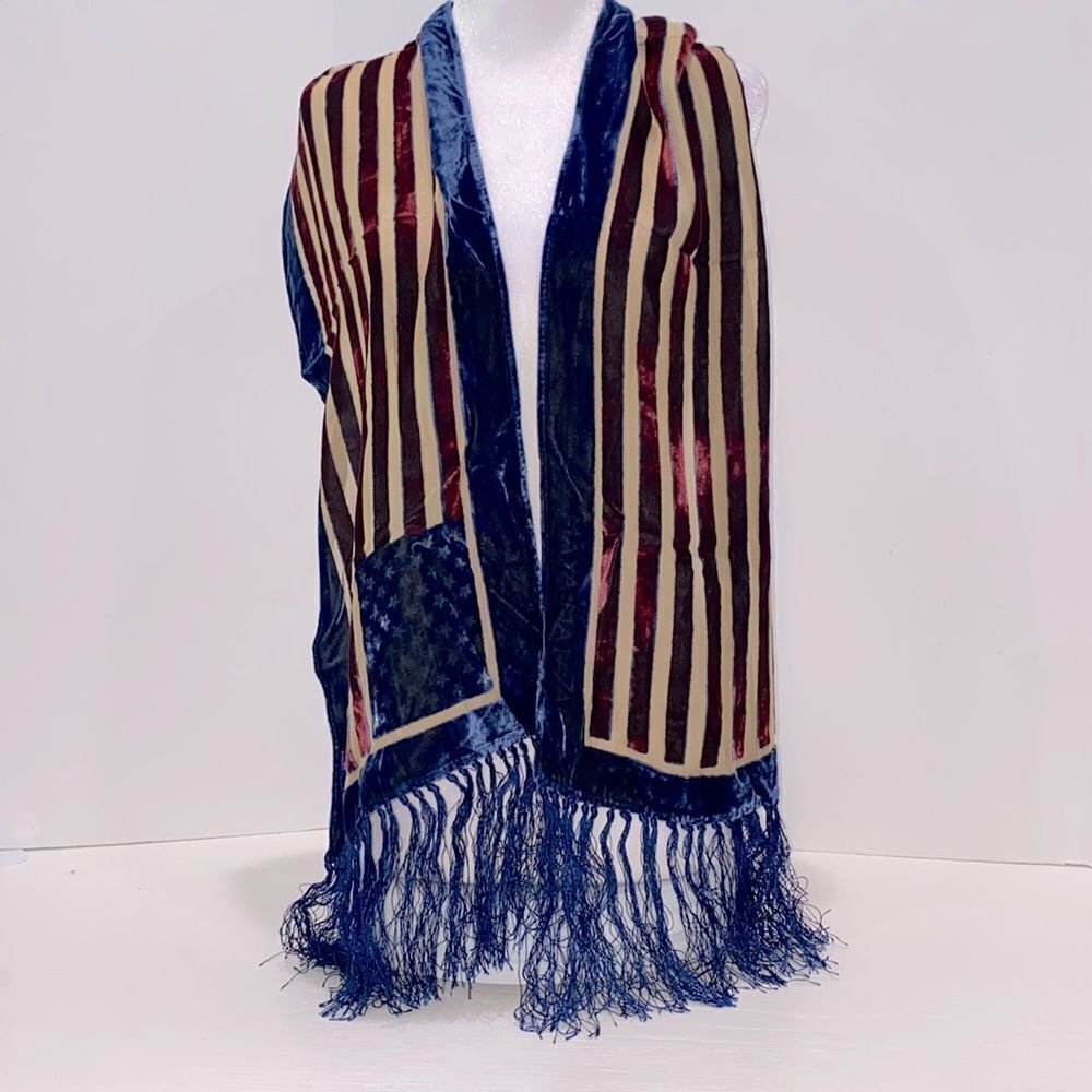 Maya Matazaro American Flag Velvet Silk Burnout Wrap Scarf With Hand Tied Fringe
